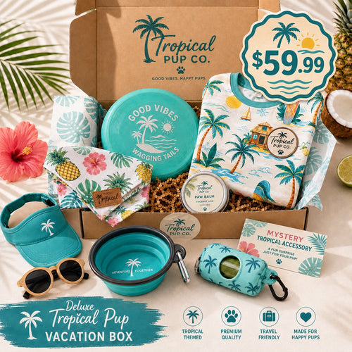 Deluxe Tropical Pup Vacation Box — tropical dog shirt, teal visor, full kit