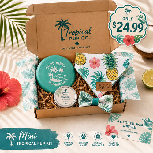 Mini Tropical Pup Kit — teal frisbee, paw balm, bandana, bow tie