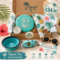Tropical Pup Vacation Box — frisbee, paw balm, bandana, travel bowl, sunglasses