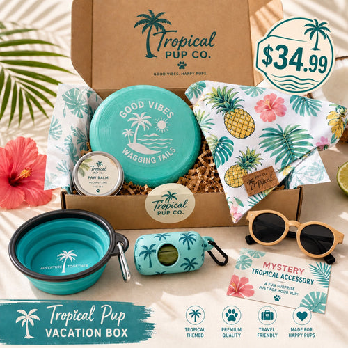 Tropical Pup Vacation Box — frisbee, paw balm, bandana, travel bowl, sunglasses